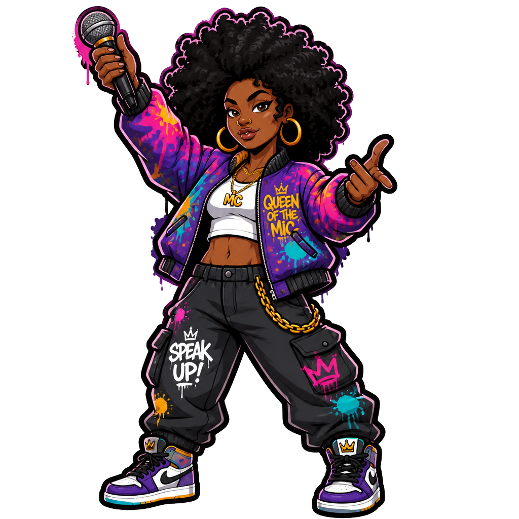 MC i-HRD, the hype woman with an afro, cheering you on